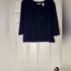 Draper's& Dimon's Pl Black 100% PIMA COTTON 3/4SL Rhinestones Women Top Sweater